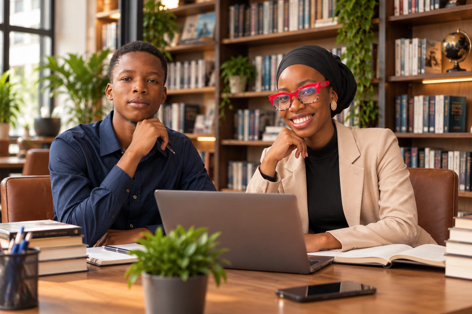 Victor and Rachael pictured together at a desk in a library setting