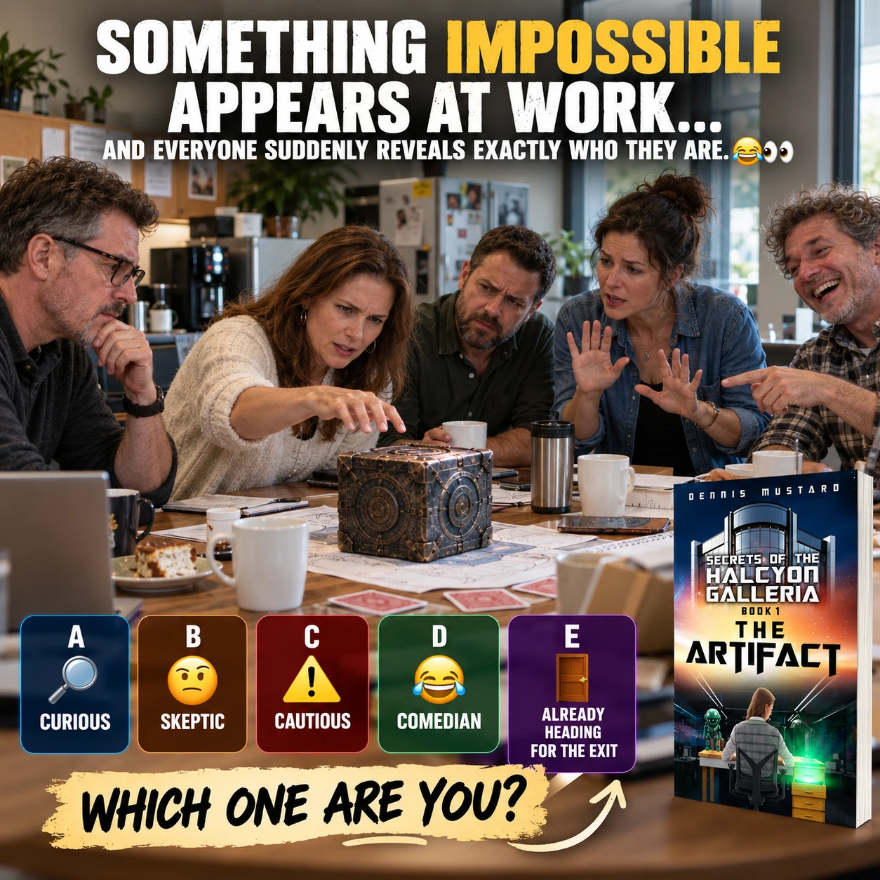 Promotional artwork bringing a science fiction mystery into an everyday workplace.