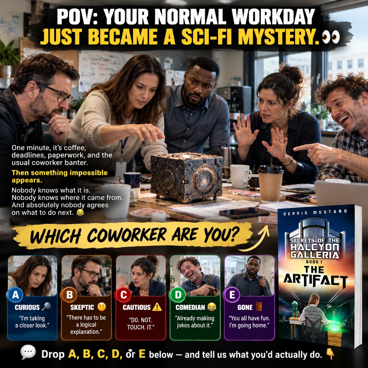 An audience participation graphic inviting readers to choose a coworker reaction.