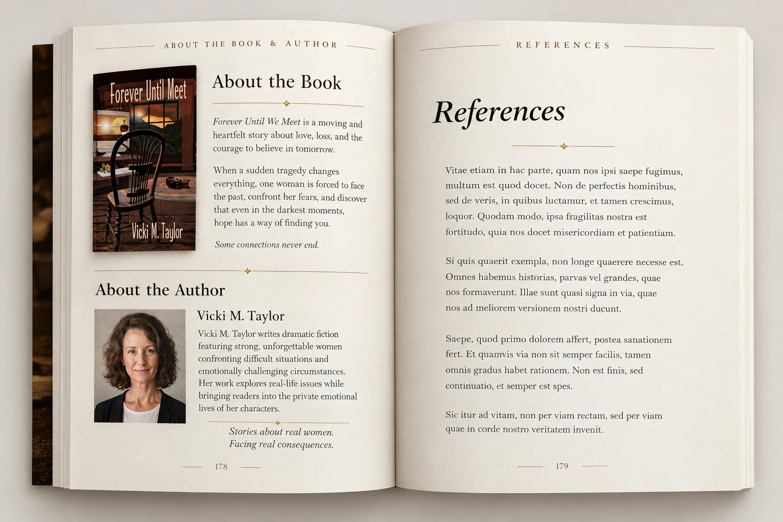 An open-book presentation of author information, book details, and references.