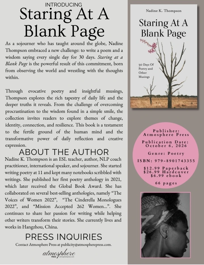 Book and author introduction for Nadine K. Thompson’s Staring At A Blank Page.